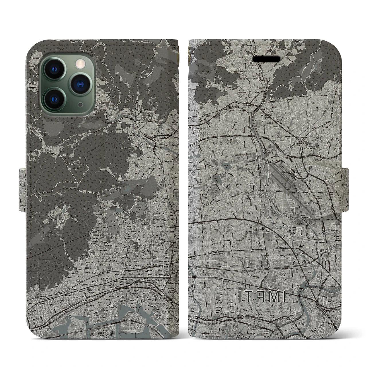 【伊丹(兵庫県)】地図柄iPhoneケース(手帳タイプ)モノトーン・iPhone 11 Pro 用