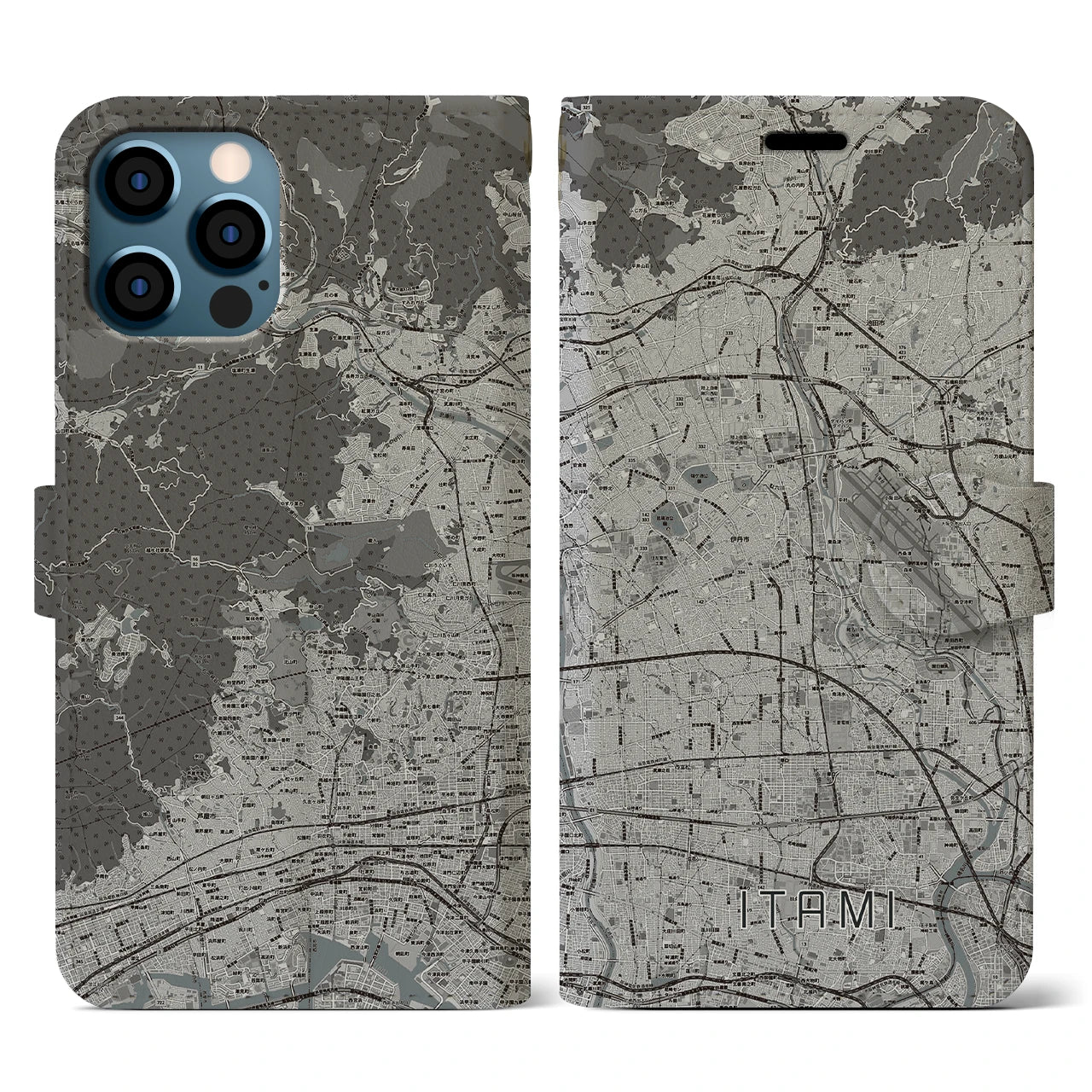 【伊丹(兵庫県)】地図柄iPhoneケース(手帳タイプ)モノトーン・iPhone 12 / 12 Pro 用