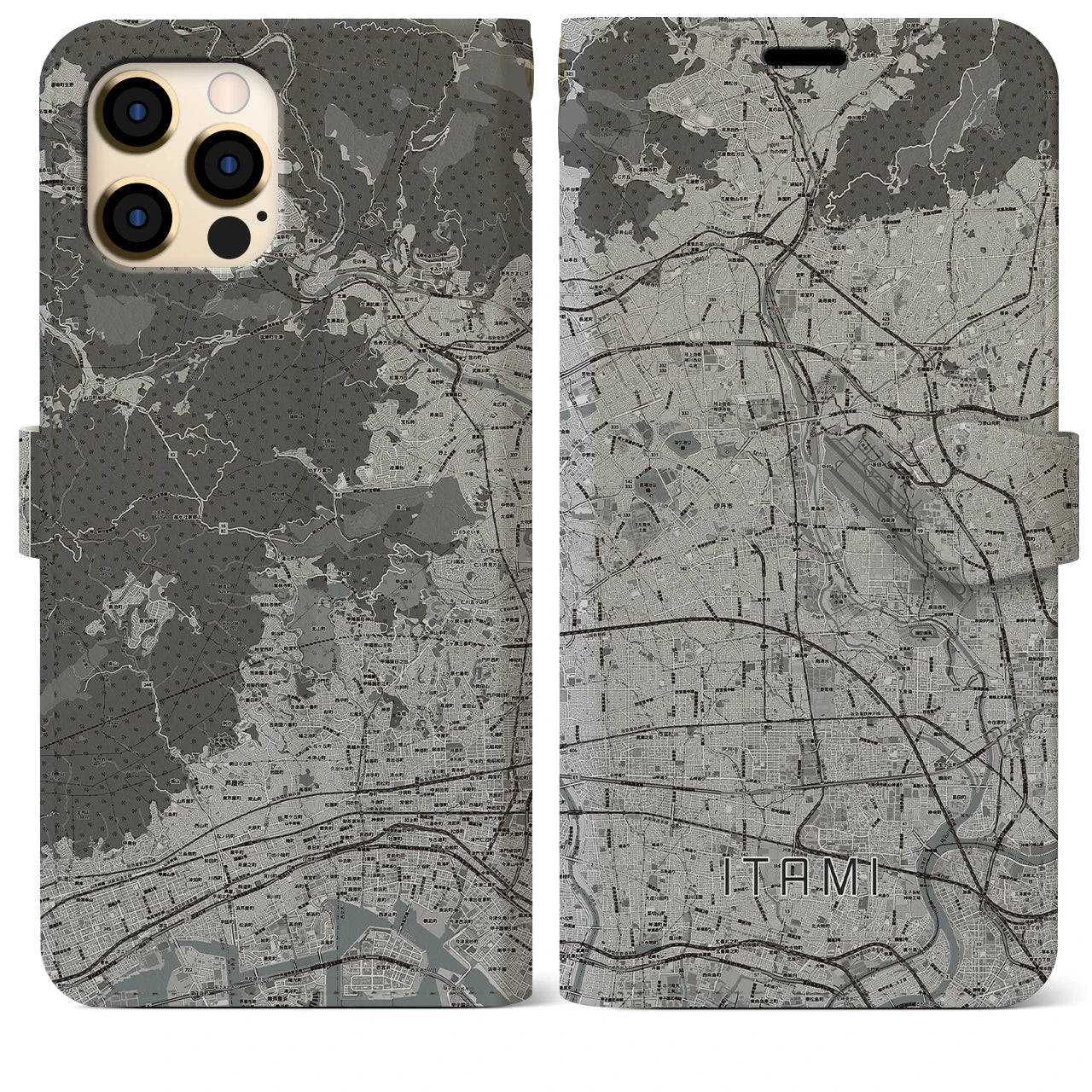 【伊丹(兵庫県)】地図柄iPhoneケース(手帳タイプ)モノトーン・iPhone 12 Pro Max 用