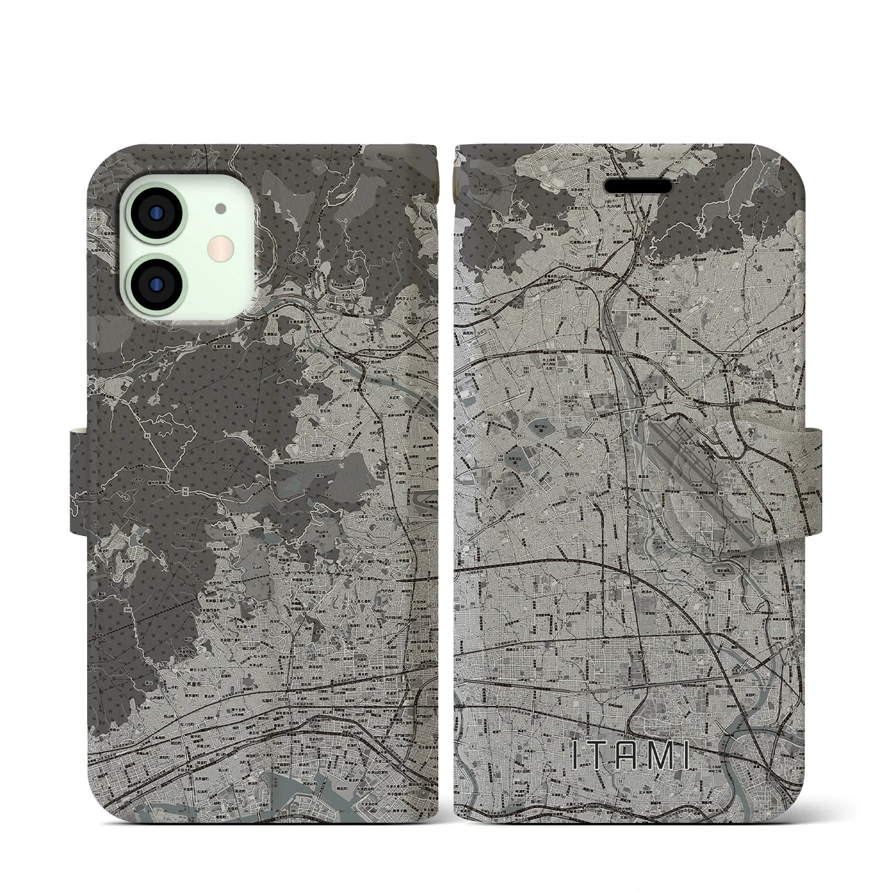 【伊丹(兵庫県)】地図柄iPhoneケース(手帳タイプ)モノトーン・iPhone 12 mini 用