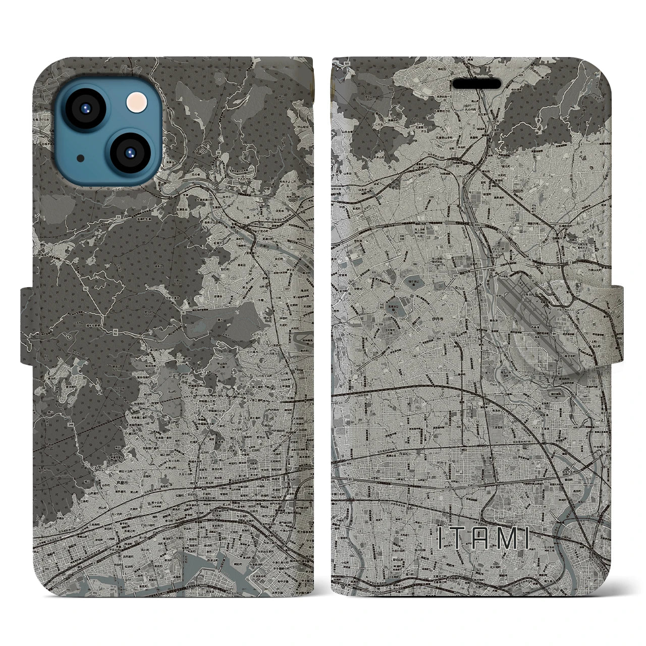 【伊丹(兵庫県)】地図柄iPhoneケース(手帳タイプ)モノトーン・iPhone 13 用