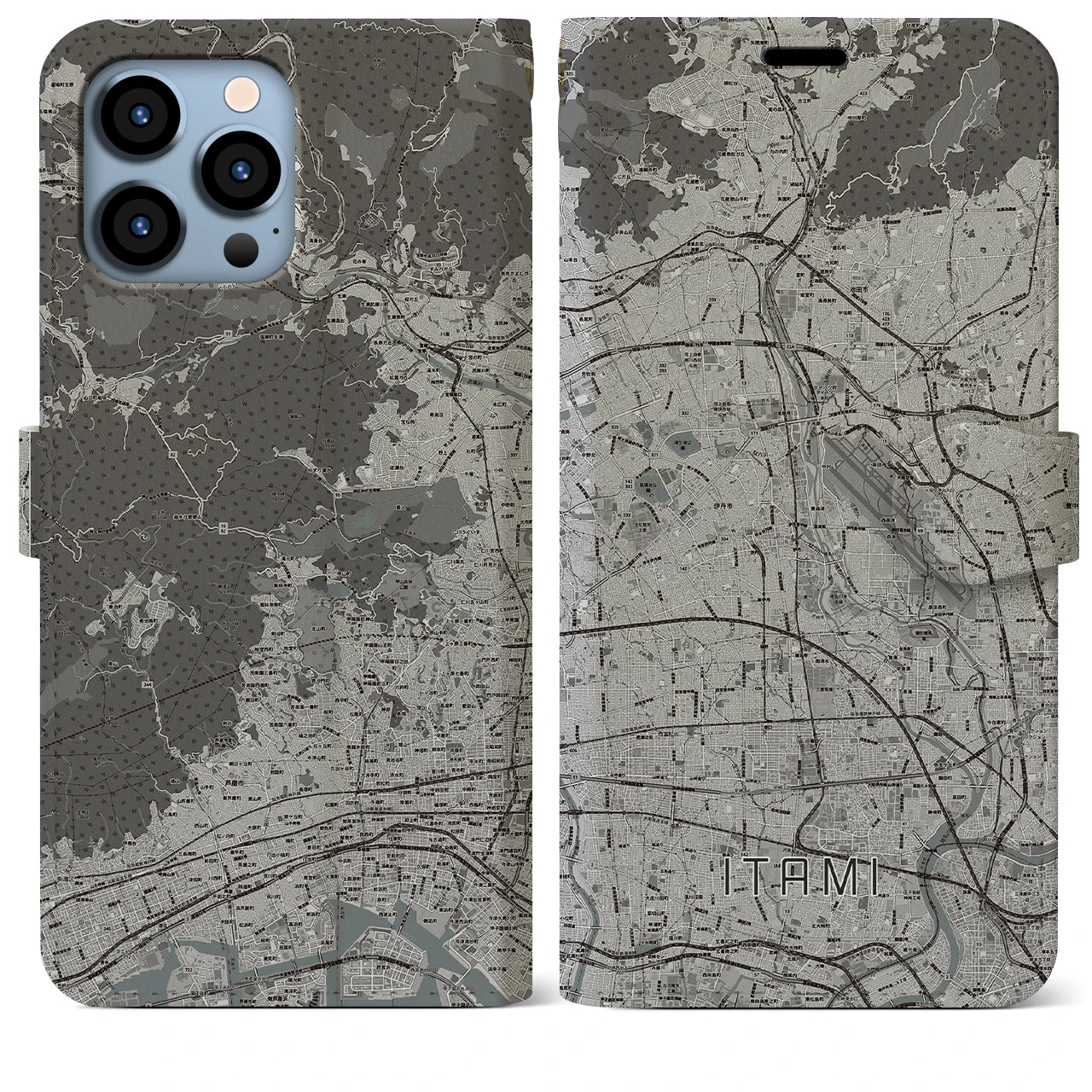 【伊丹(兵庫県)】地図柄iPhoneケース(手帳タイプ)モノトーン・iPhone 13 Pro Max 用