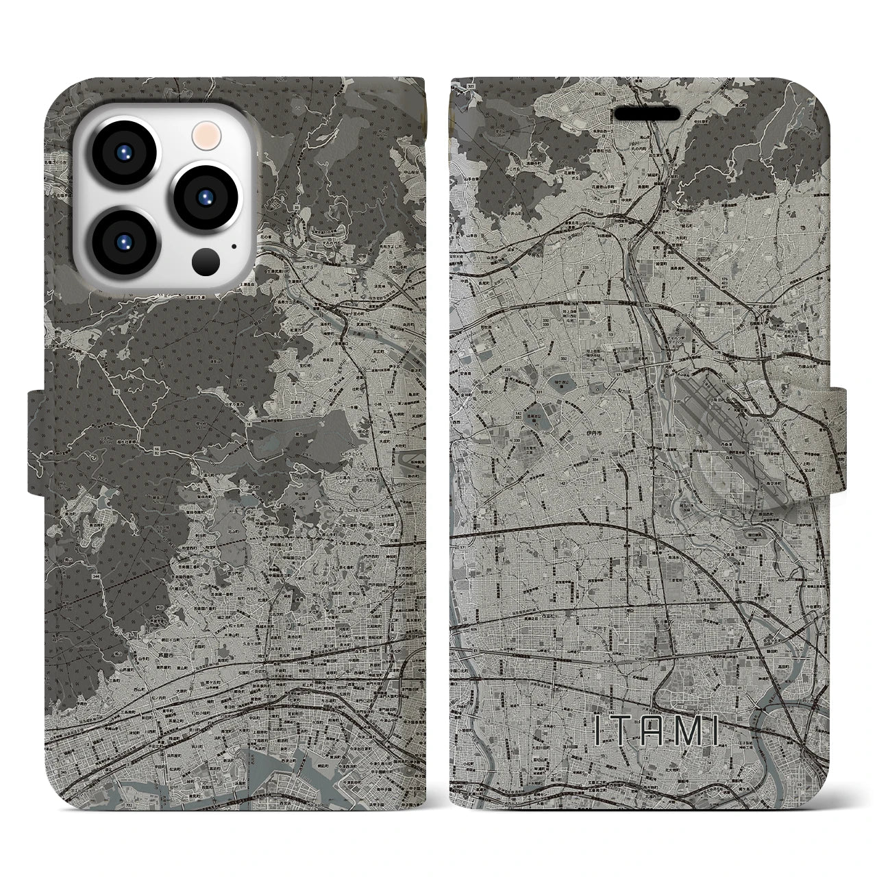 【伊丹(兵庫県)】地図柄iPhoneケース(手帳タイプ)モノトーン・iPhone 13 Pro 用