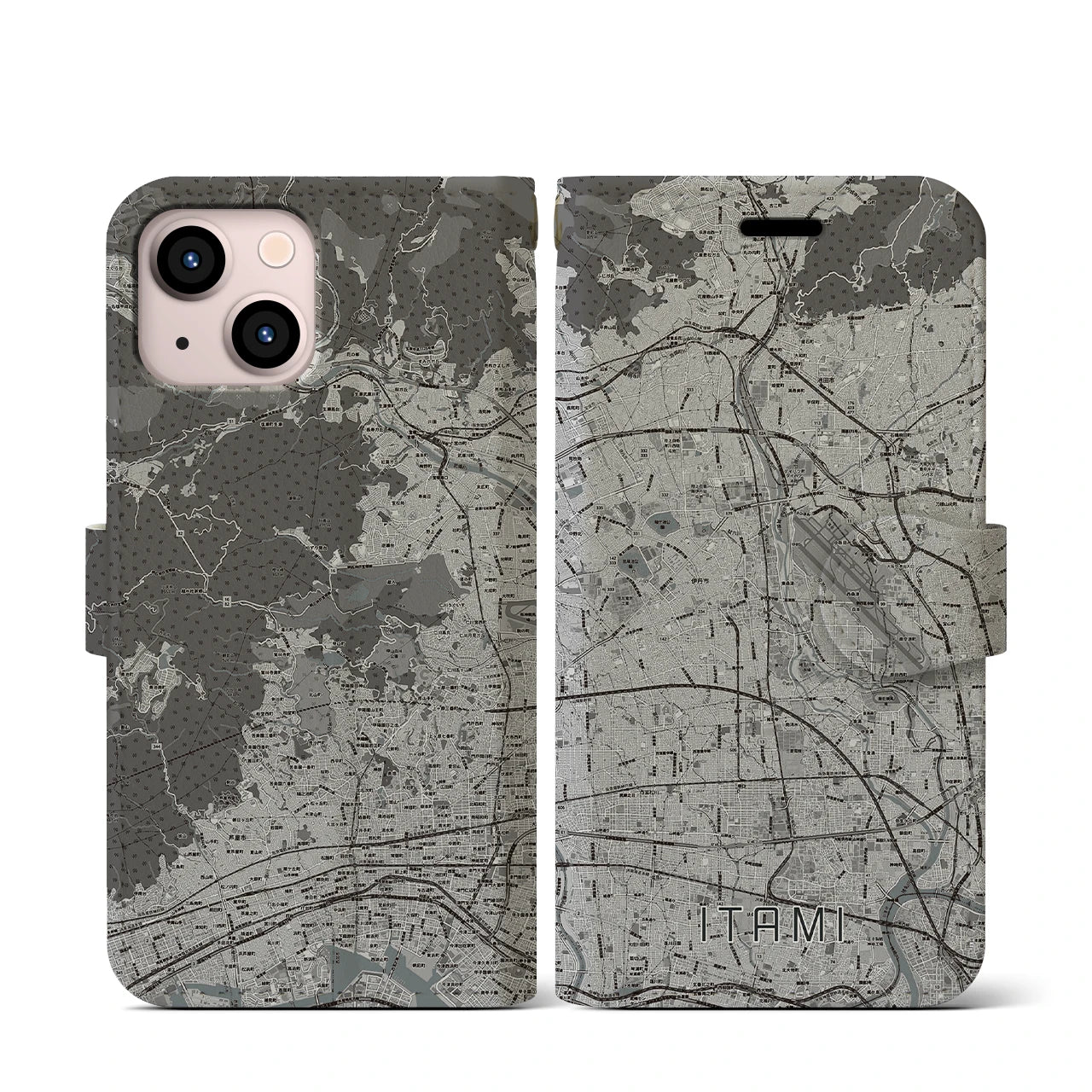 【伊丹(兵庫県)】地図柄iPhoneケース(手帳タイプ)モノトーン・iPhone 13 mini 用