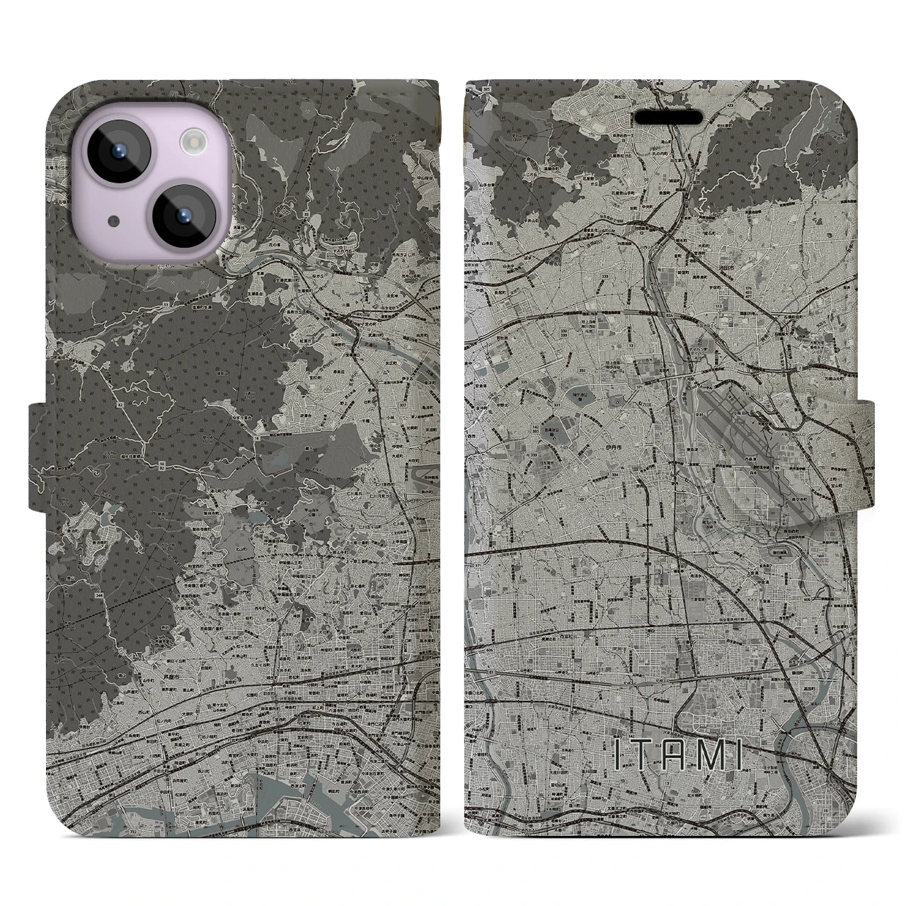 【伊丹(兵庫県)】地図柄iPhoneケース(手帳タイプ)モノトーン・iPhone 14 用