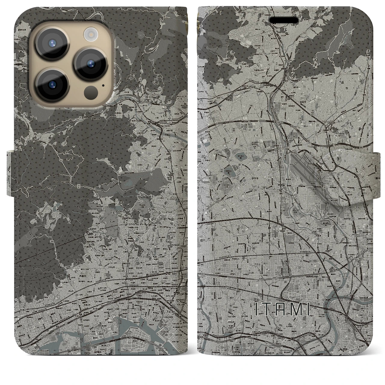 【伊丹(兵庫県)】地図柄iPhoneケース(手帳タイプ)モノトーン・iPhone 14 Pro Max 用