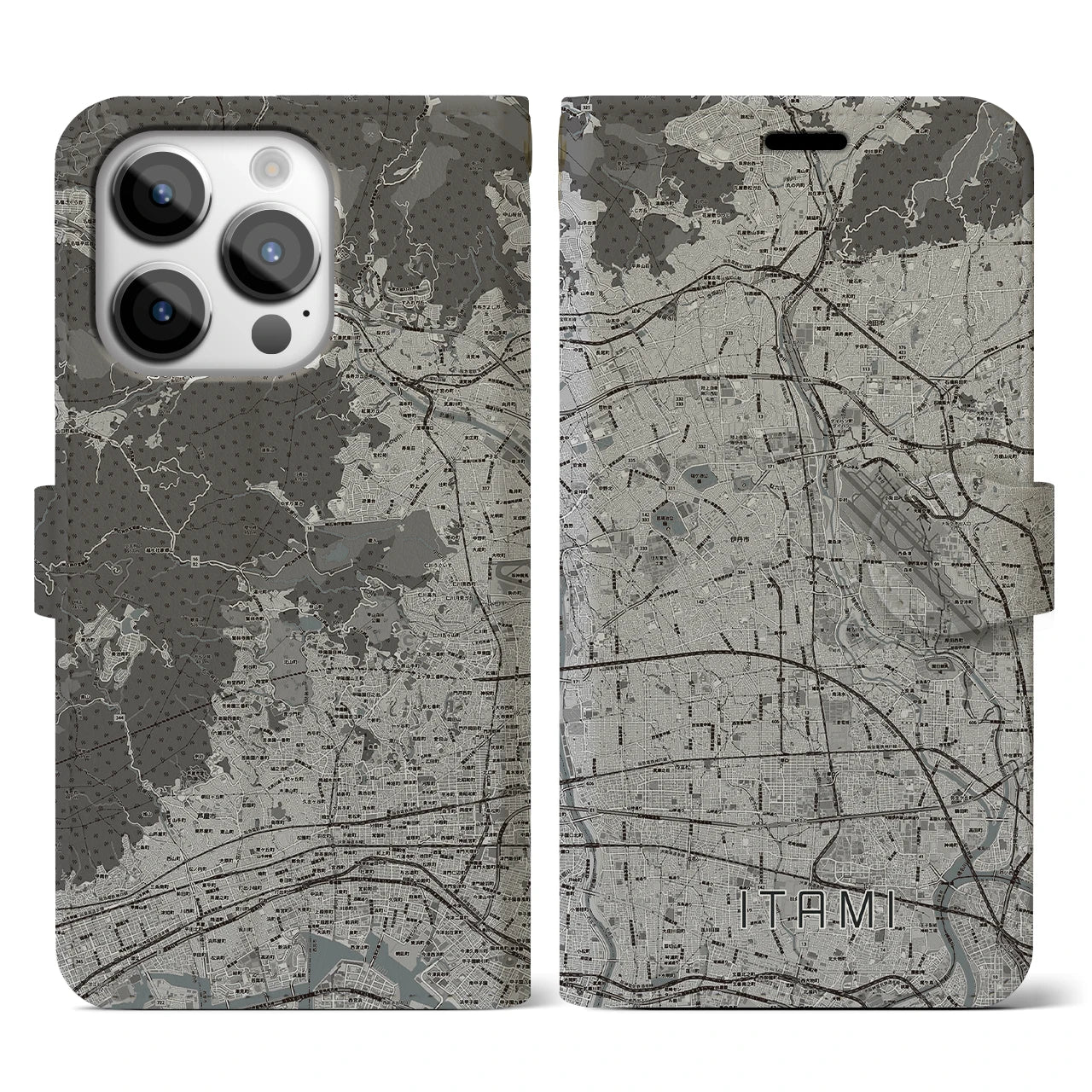 【伊丹(兵庫県)】地図柄iPhoneケース(手帳タイプ)モノトーン・iPhone 14 Pro 用