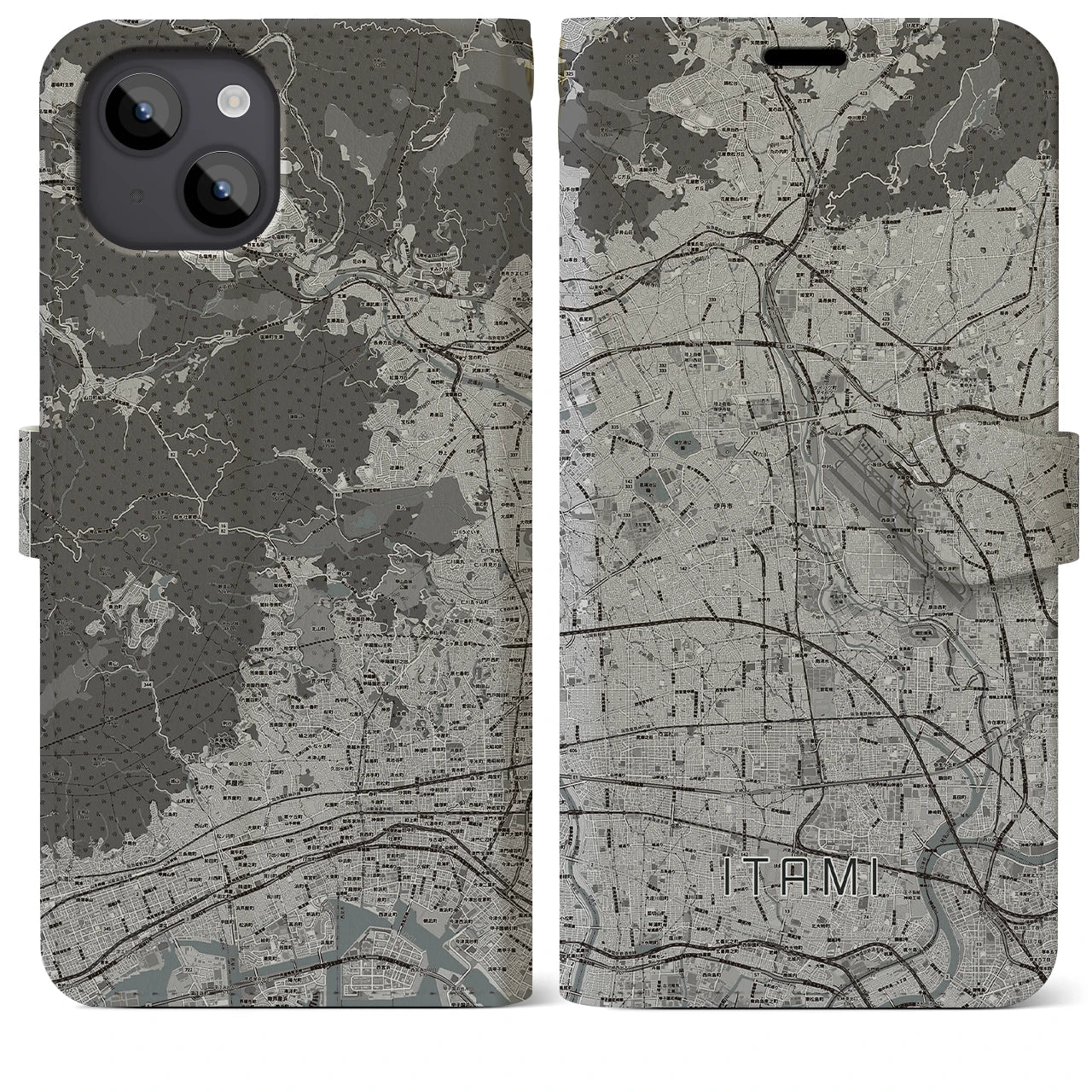 【伊丹(兵庫県)】地図柄iPhoneケース(手帳タイプ)モノトーン・iPhone 14 Plus 用