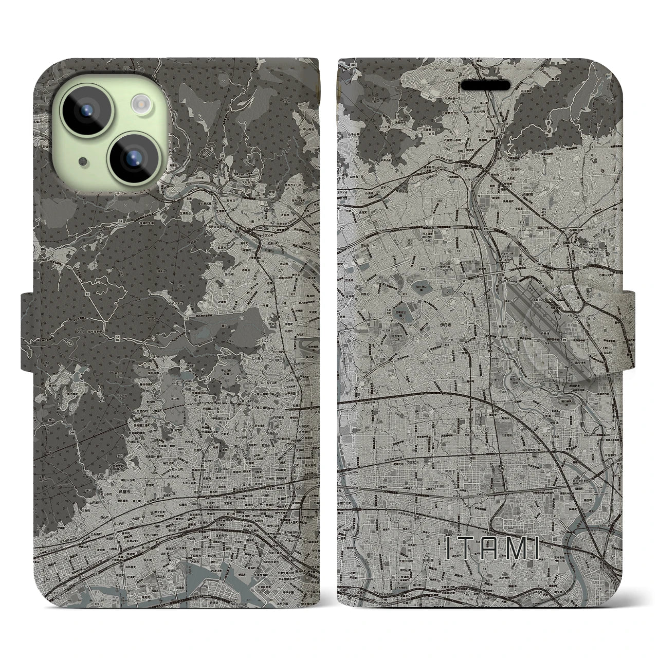 【伊丹(兵庫県)】地図柄iPhoneケース(手帳タイプ)モノトーン・iPhone 15 用