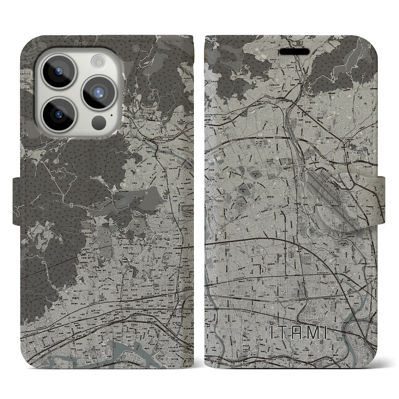 【伊丹(兵庫県)】地図柄iPhoneケース(手帳タイプ)モノトーン・iPhone 15 Pro 用