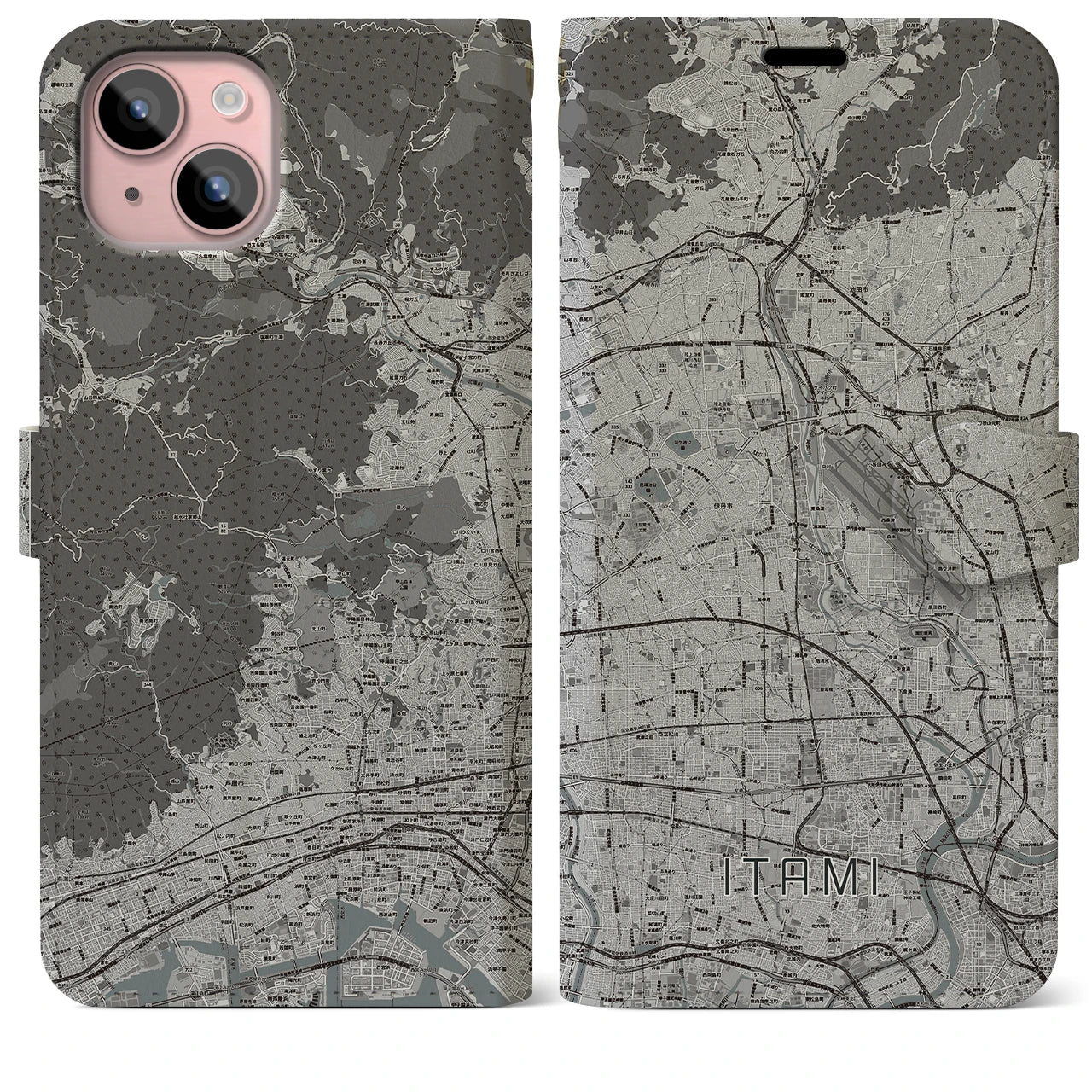 【伊丹(兵庫県)】地図柄iPhoneケース(手帳タイプ)モノトーン・iPhone 15 Plus 用