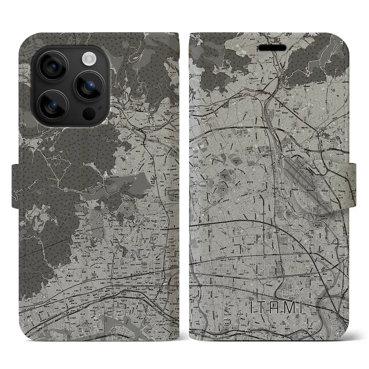 【伊丹(兵庫県)】地図柄iPhoneケース(手帳タイプ)モノトーン・iPhone 16 用