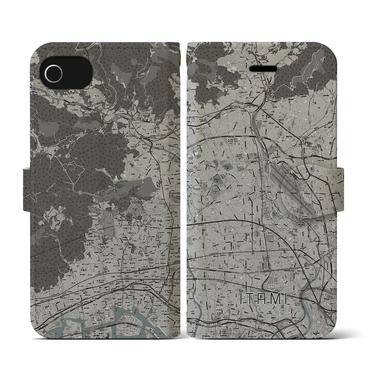 【伊丹(兵庫県)】地図柄iPhoneケース(手帳タイプ)モノトーン・iPhone SE(第3 / 第2世代) / 8 / 7 / 6s / 6 用