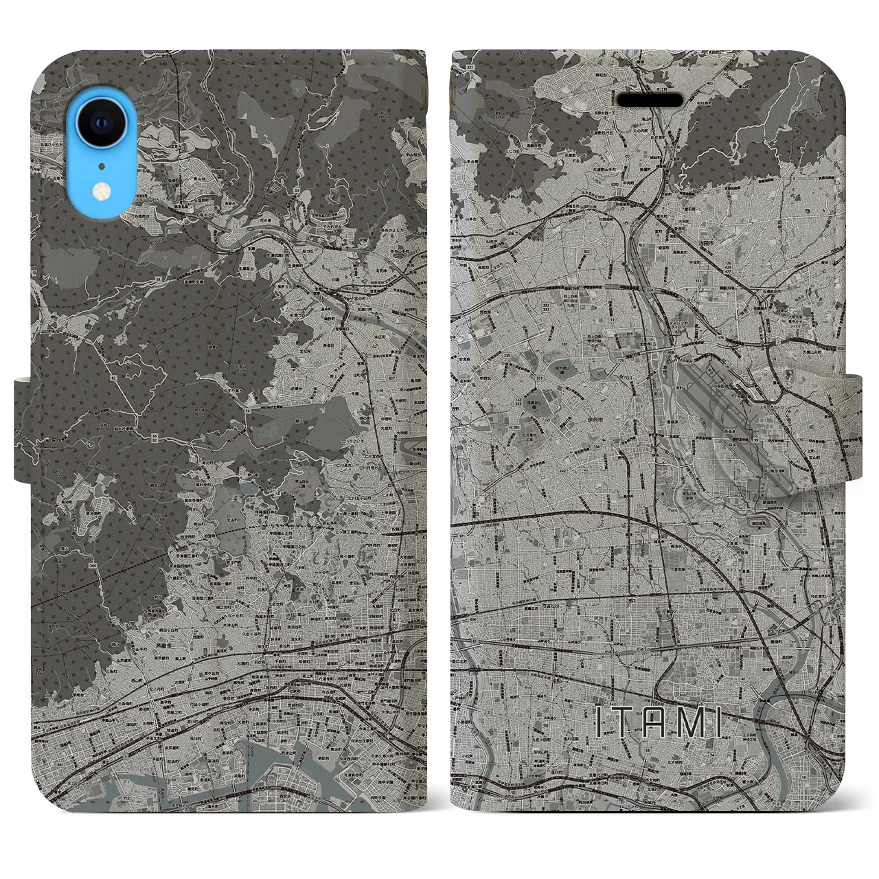 【伊丹(兵庫県)】地図柄iPhoneケース(手帳タイプ)モノトーン・iPhone XR 用