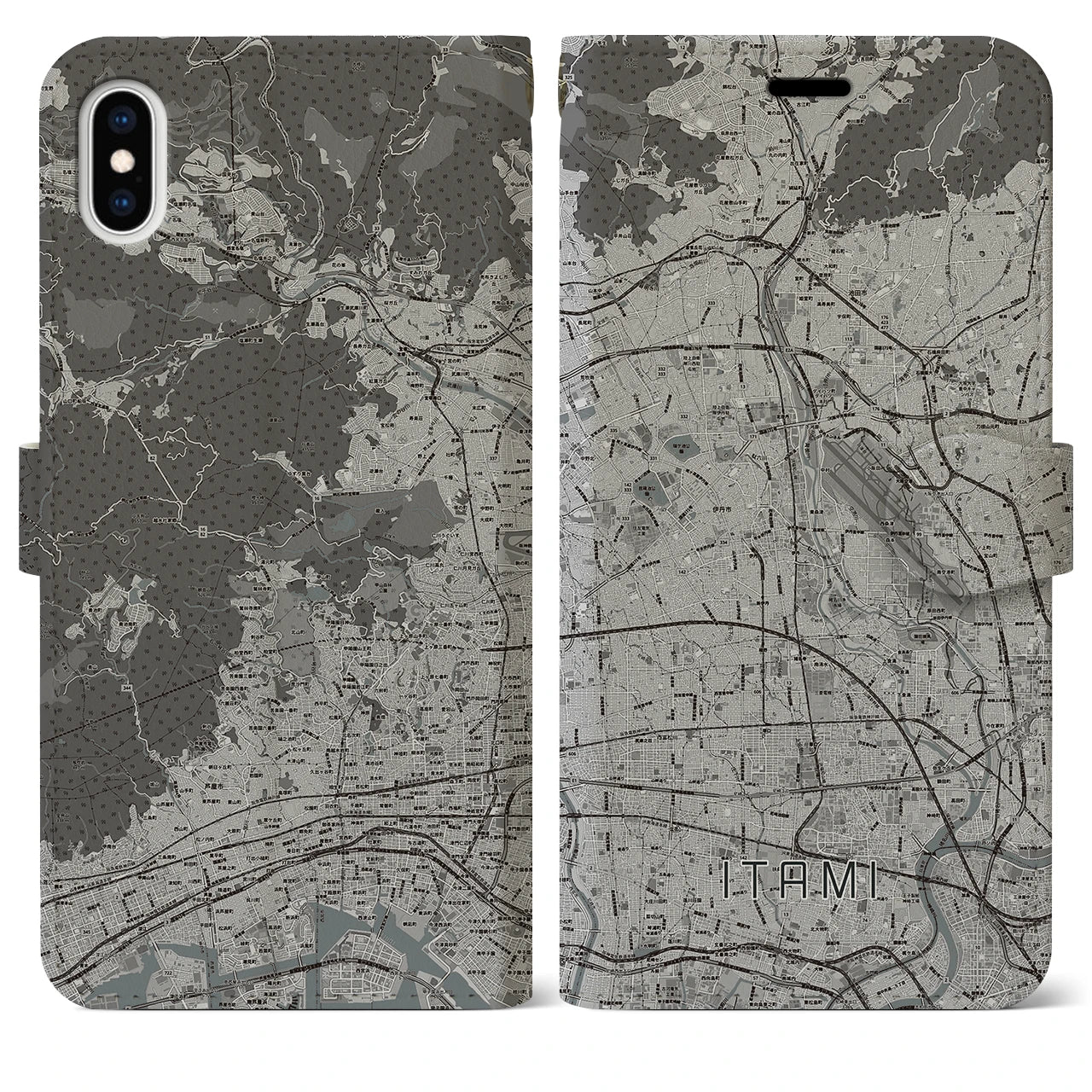 【伊丹(兵庫県)】地図柄iPhoneケース(手帳タイプ)モノトーン・iPhone XS Max 用