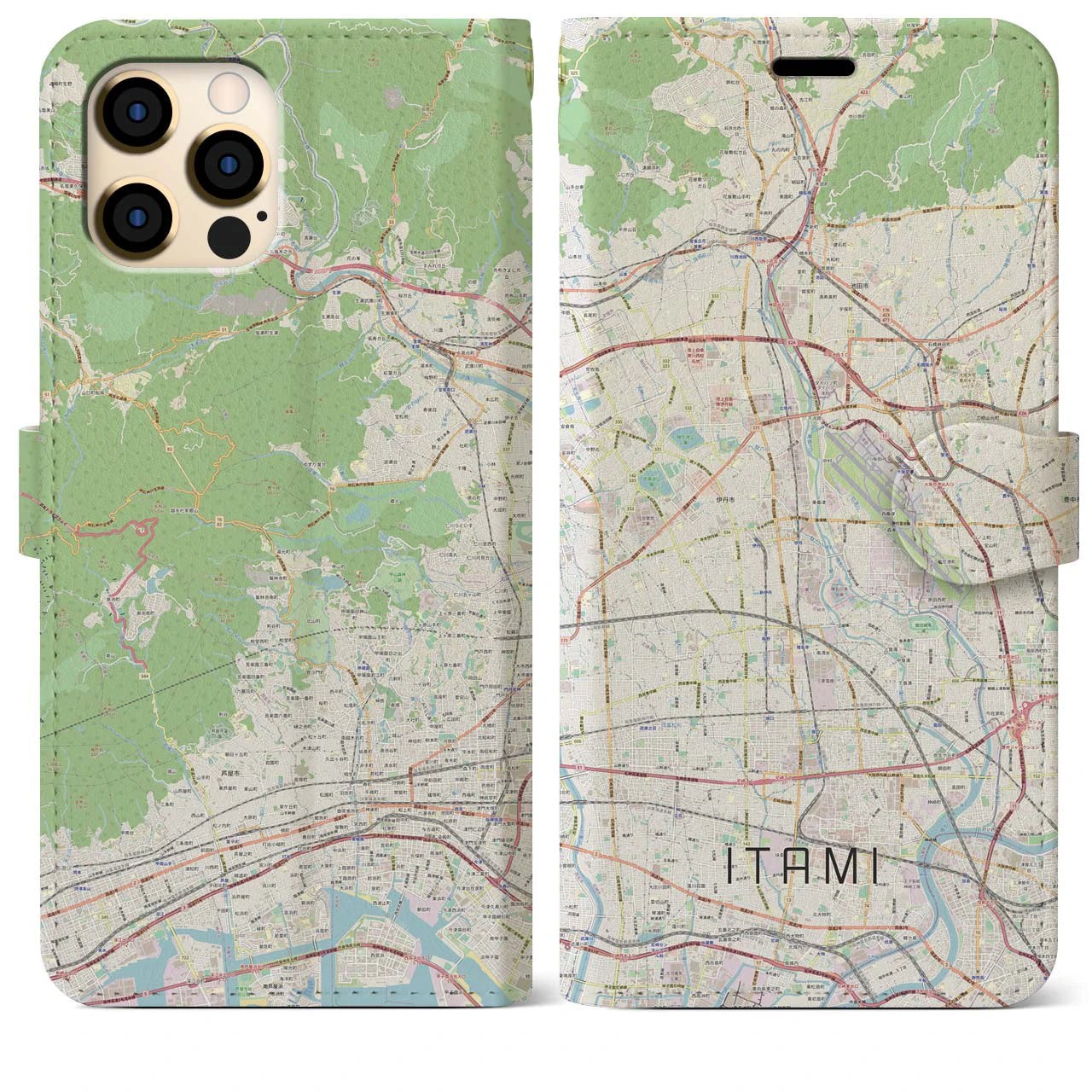【伊丹(兵庫県)】地図柄iPhoneケース(手帳タイプ)ナチュラル・iPhone 12 Pro Max 用