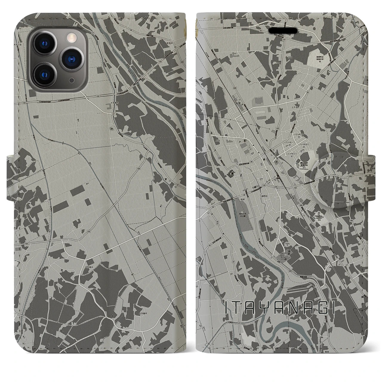 【板柳(青森県)】地図柄iPhoneケース(手帳タイプ)モノトーン・iPhone 11 Pro Max 用