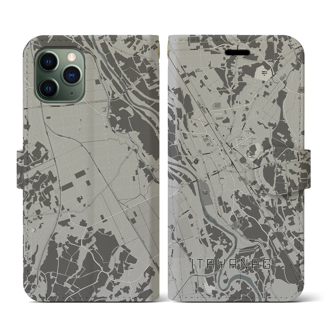 【板柳(青森県)】地図柄iPhoneケース(手帳タイプ)モノトーン・iPhone 11 Pro 用