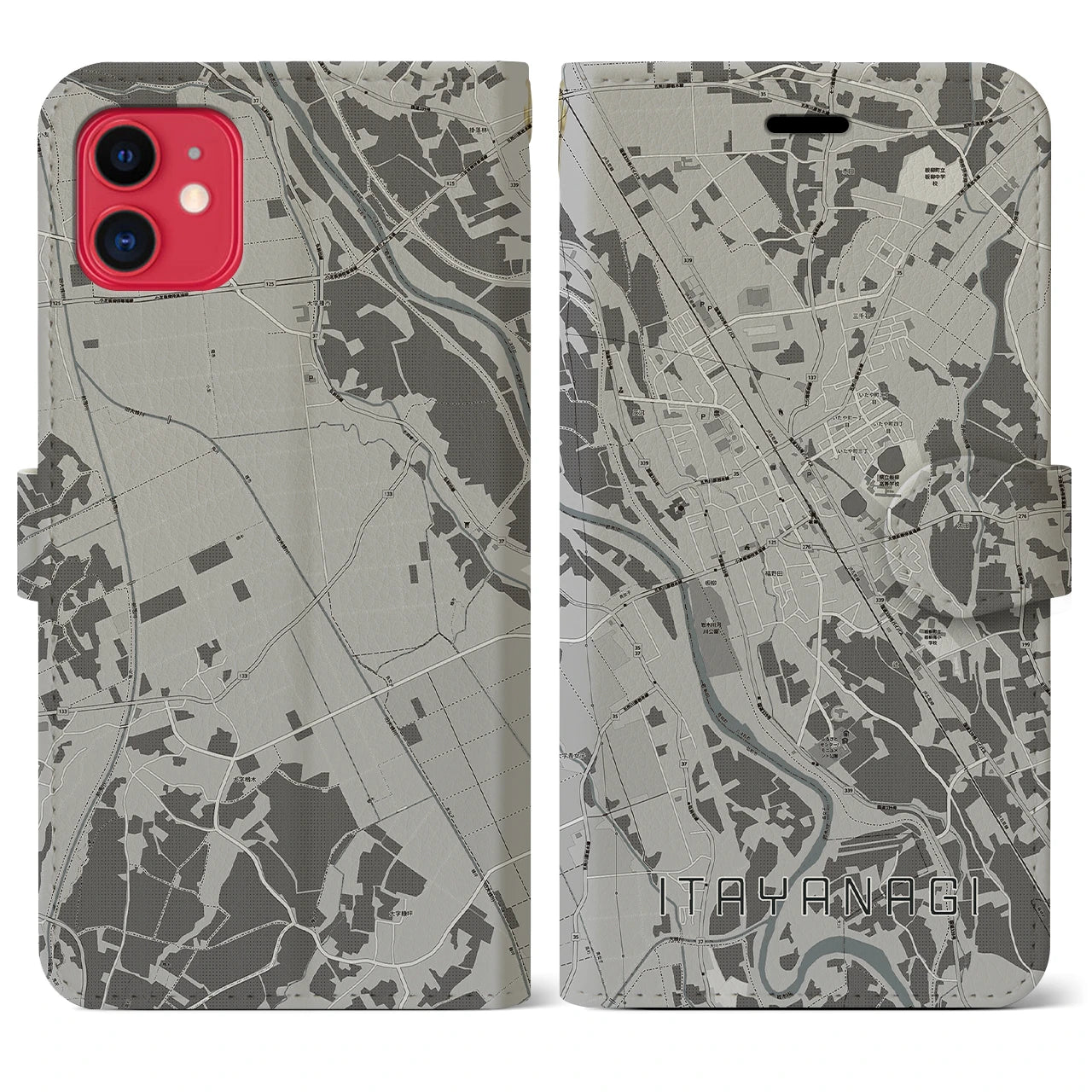 【板柳(青森県)】地図柄iPhoneケース(手帳タイプ)モノトーン・iPhone 11 用