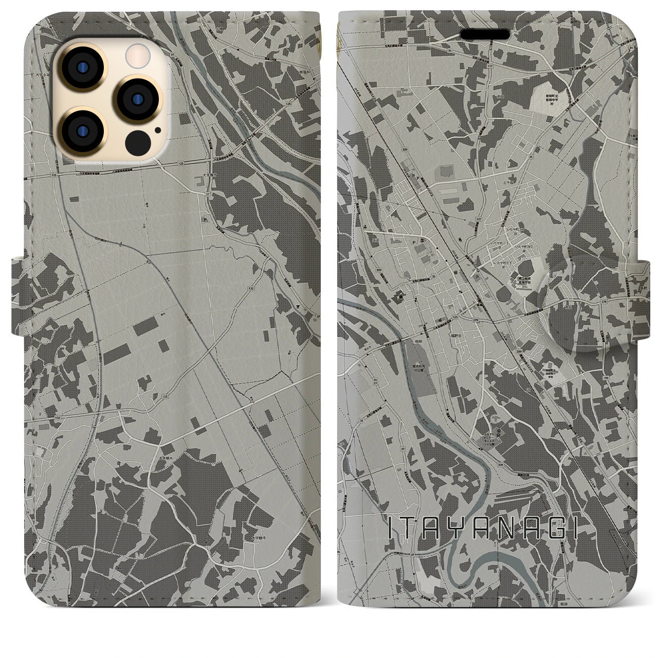 【板柳(青森県)】地図柄iPhoneケース(手帳タイプ)モノトーン・iPhone 12 Pro Max 用