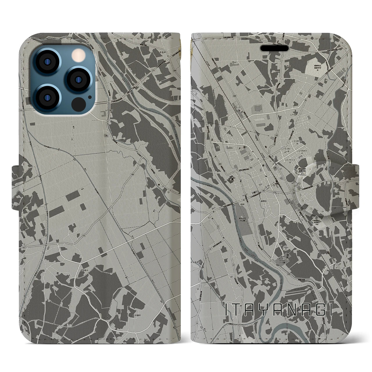 【板柳(青森県)】地図柄iPhoneケース(手帳タイプ)モノトーン・iPhone 12 / 12 Pro 用