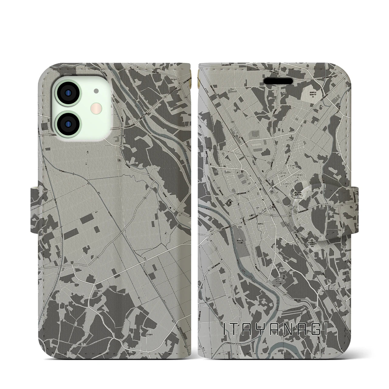 【板柳(青森県)】地図柄iPhoneケース(手帳タイプ)モノトーン・iPhone 12 mini 用