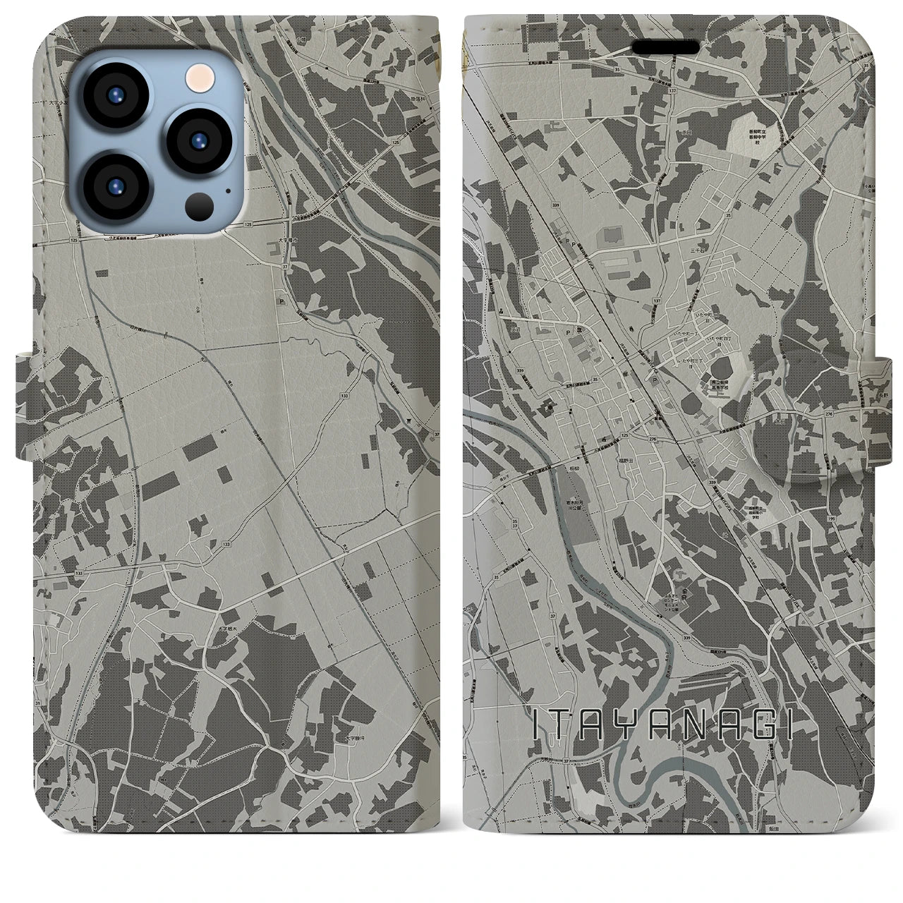 【板柳(青森県)】地図柄iPhoneケース(手帳タイプ)モノトーン・iPhone 13 Pro Max 用