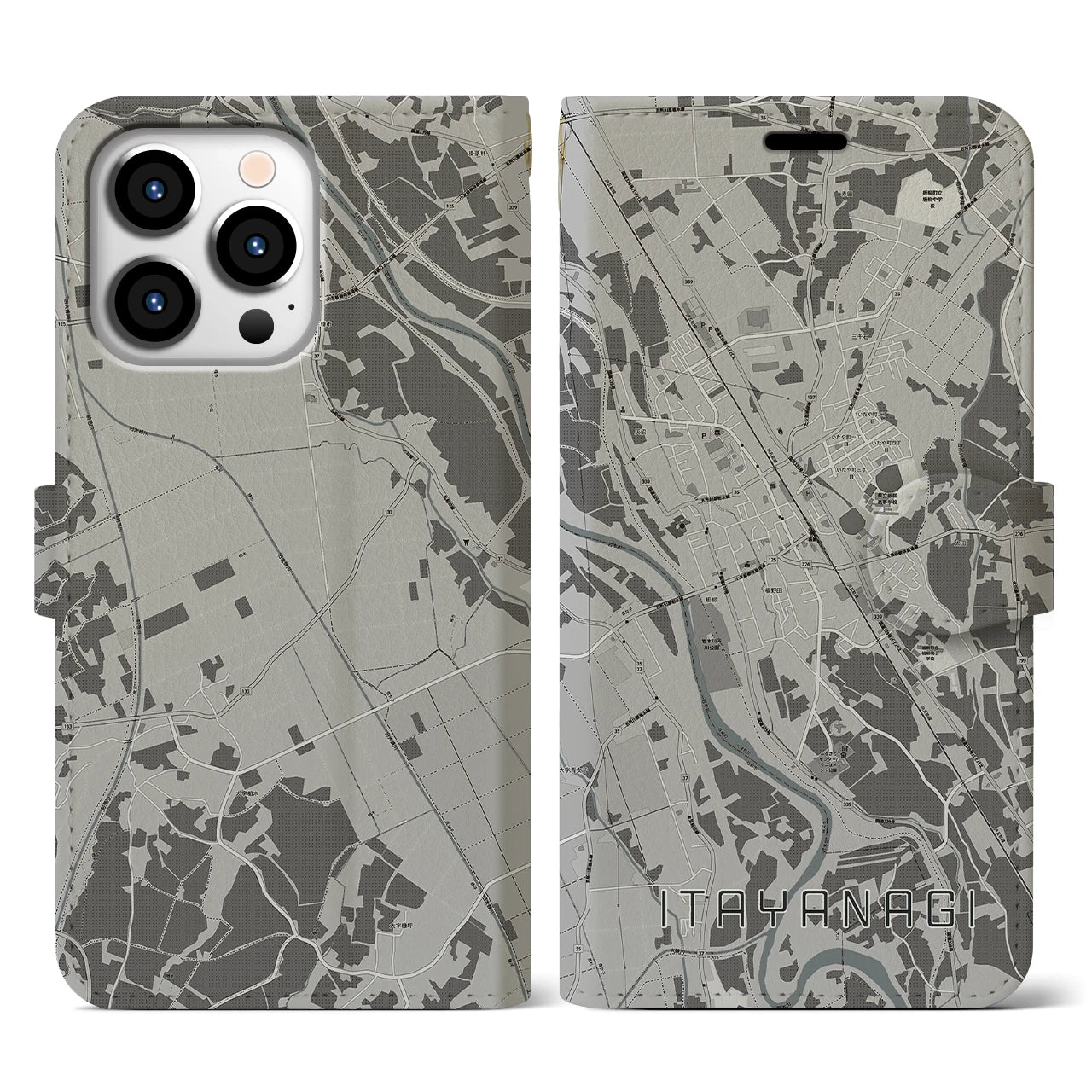 【板柳(青森県)】地図柄iPhoneケース(手帳タイプ)モノトーン・iPhone 13 Pro 用