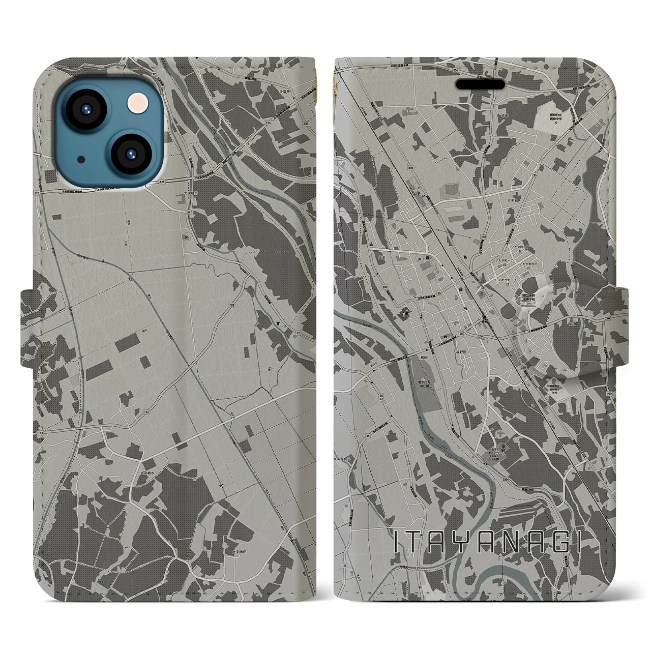 【板柳(青森県)】地図柄iPhoneケース(手帳タイプ)モノトーン・iPhone 13 用