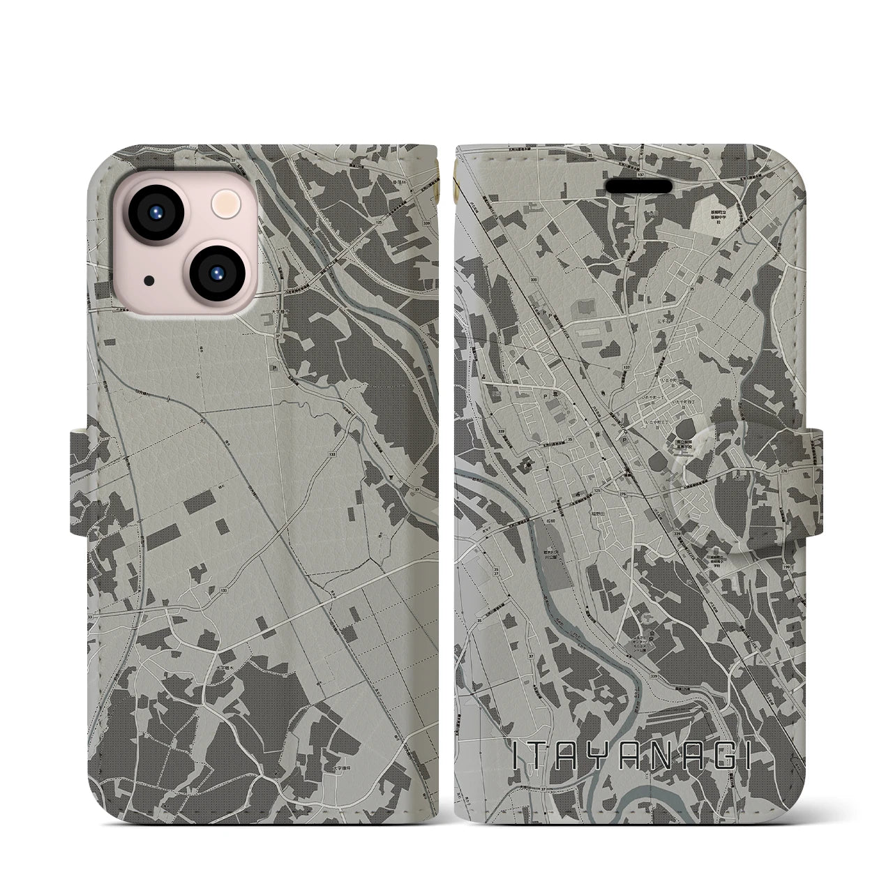 【板柳(青森県)】地図柄iPhoneケース(手帳タイプ)モノトーン・iPhone 13 mini 用