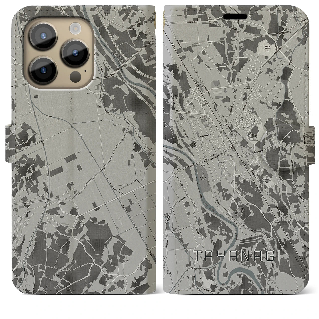 【板柳(青森県)】地図柄iPhoneケース(手帳タイプ)モノトーン・iPhone 14 Pro Max 用