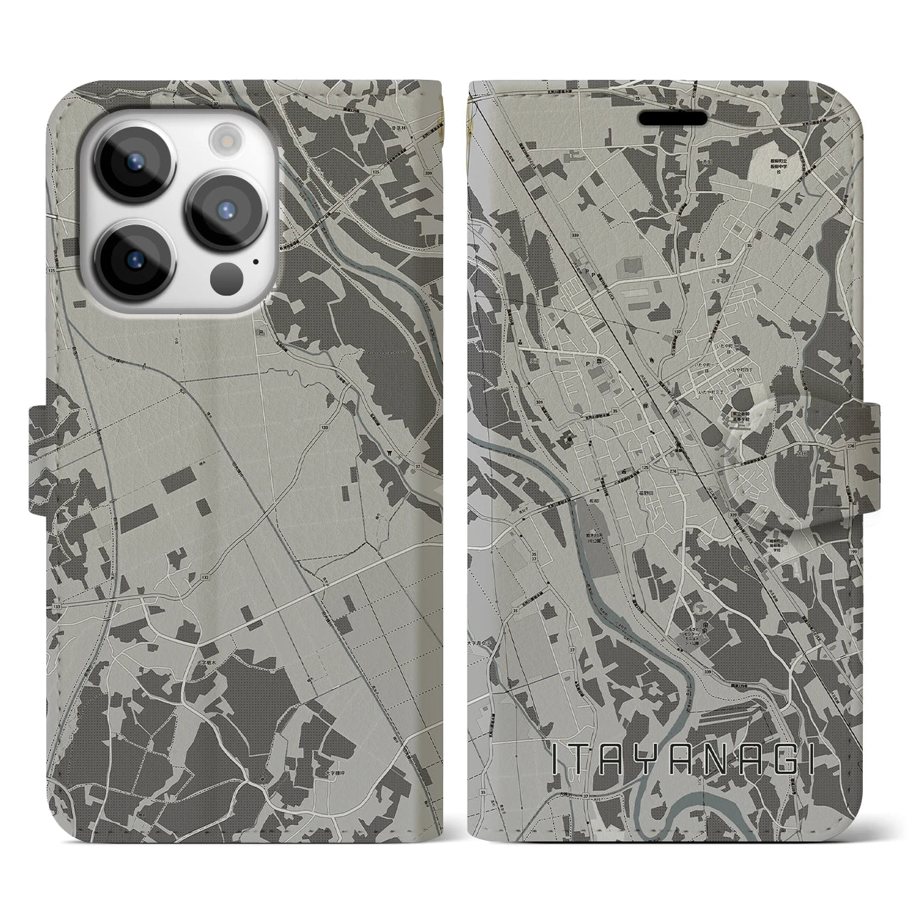 【板柳(青森県)】地図柄iPhoneケース(手帳タイプ)モノトーン・iPhone 14 Pro 用