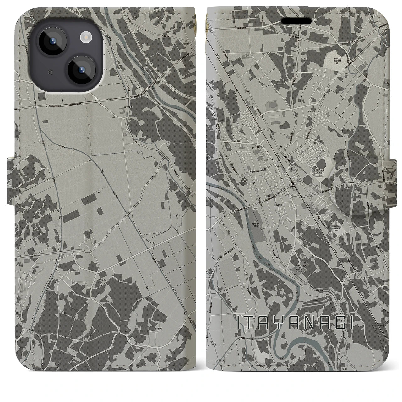 【板柳(青森県)】地図柄iPhoneケース(手帳タイプ)モノトーン・iPhone 14 Plus 用