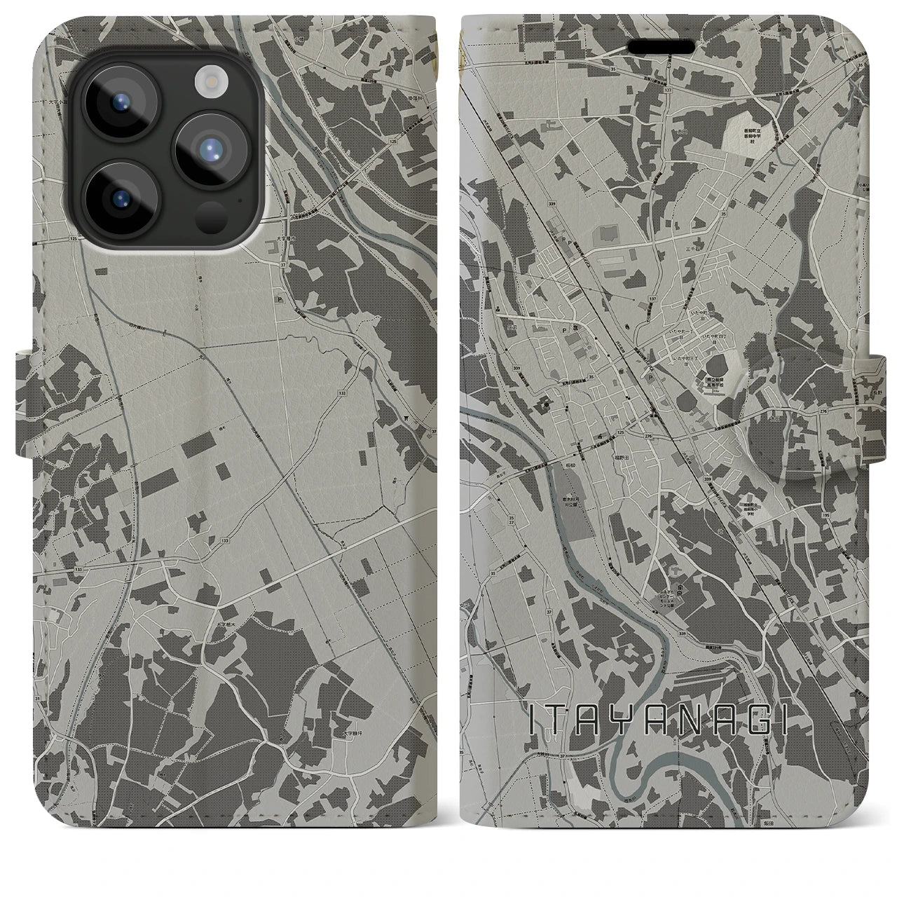 【板柳(青森県)】地図柄iPhoneケース(手帳タイプ)モノトーン・iPhone 15 Pro Max 用