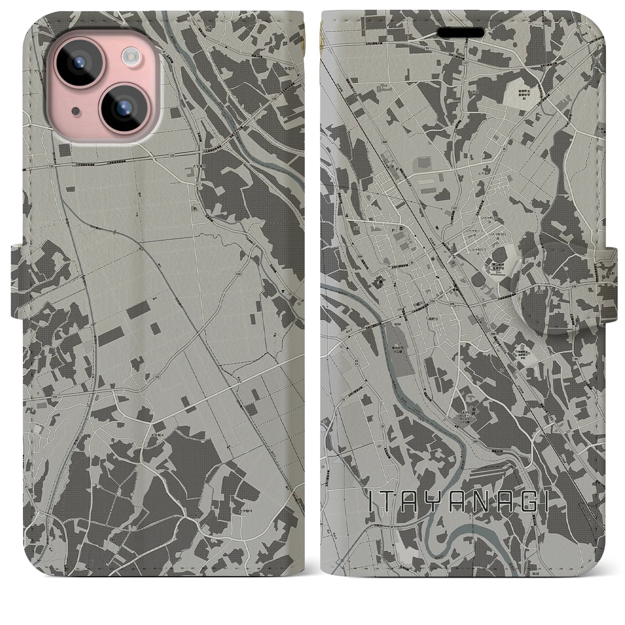 【板柳(青森県)】地図柄iPhoneケース(手帳タイプ)モノトーン・iPhone 15 Plus 用