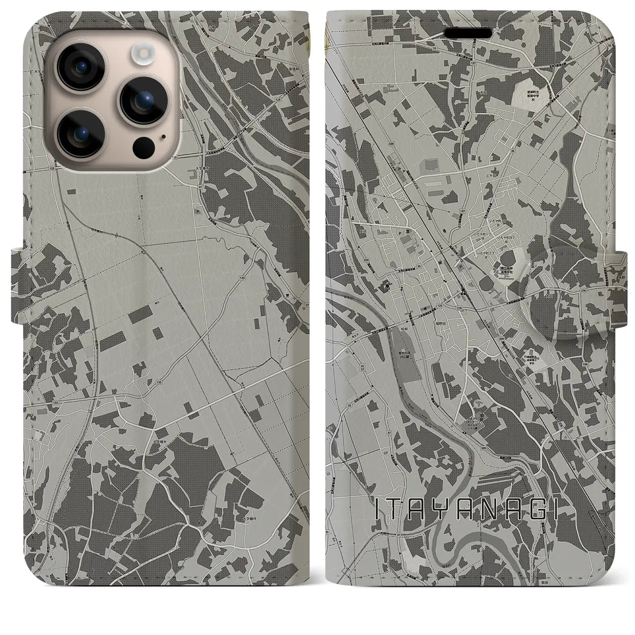 【板柳(青森県)】地図柄iPhoneケース(手帳タイプ)モノトーン・iPhone 16 Plus 用