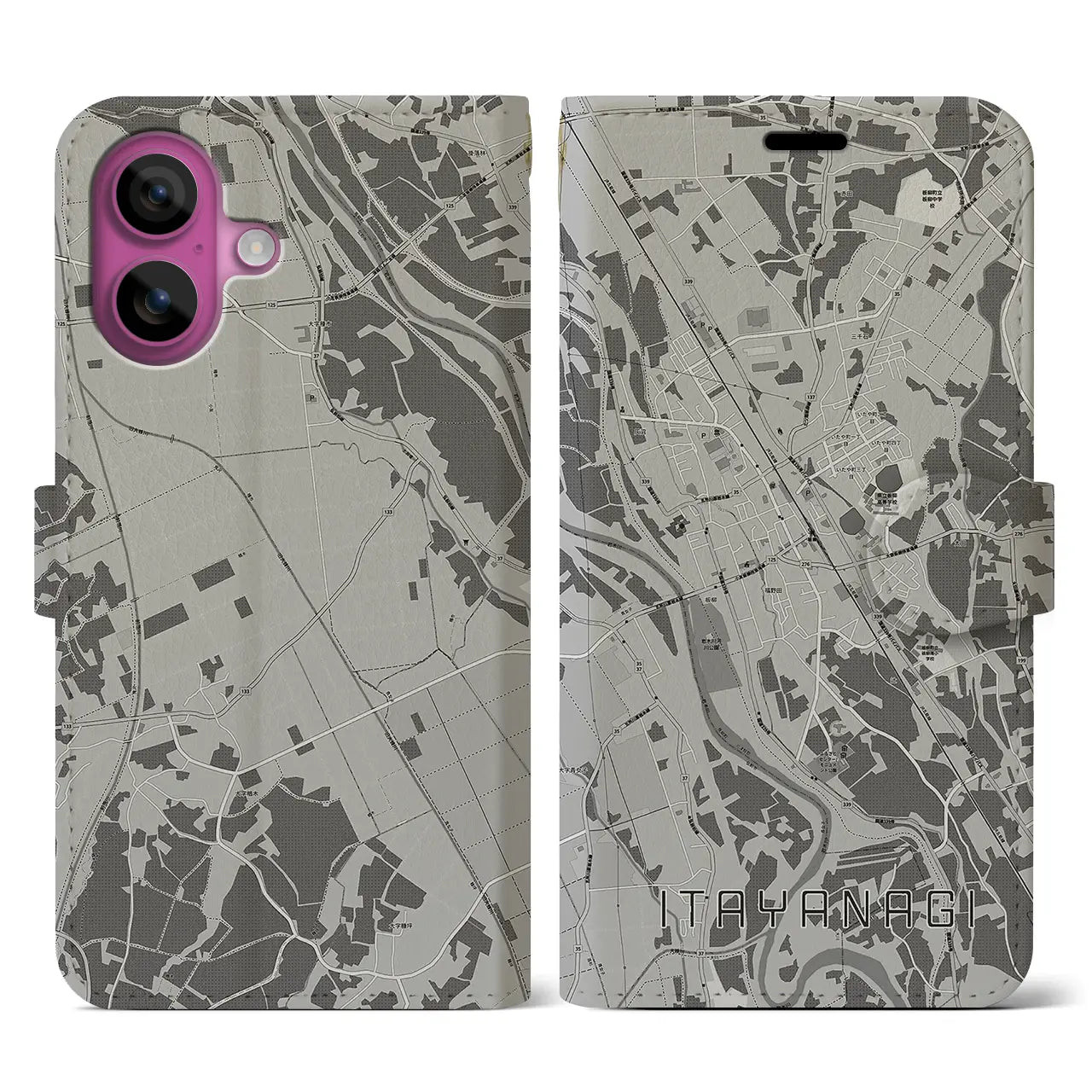 【板柳(青森県)】地図柄iPhoneケース(手帳タイプ)モノトーン・iPhone 16 Pro 用