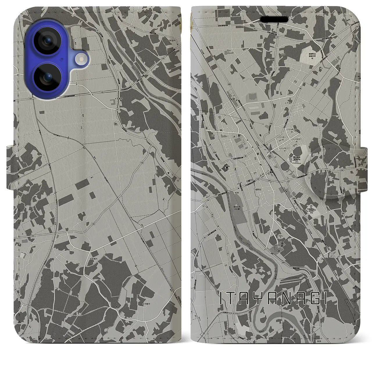 【板柳(青森県)】地図柄iPhoneケース(手帳タイプ)モノトーン・iPhone 16 Pro Max 用