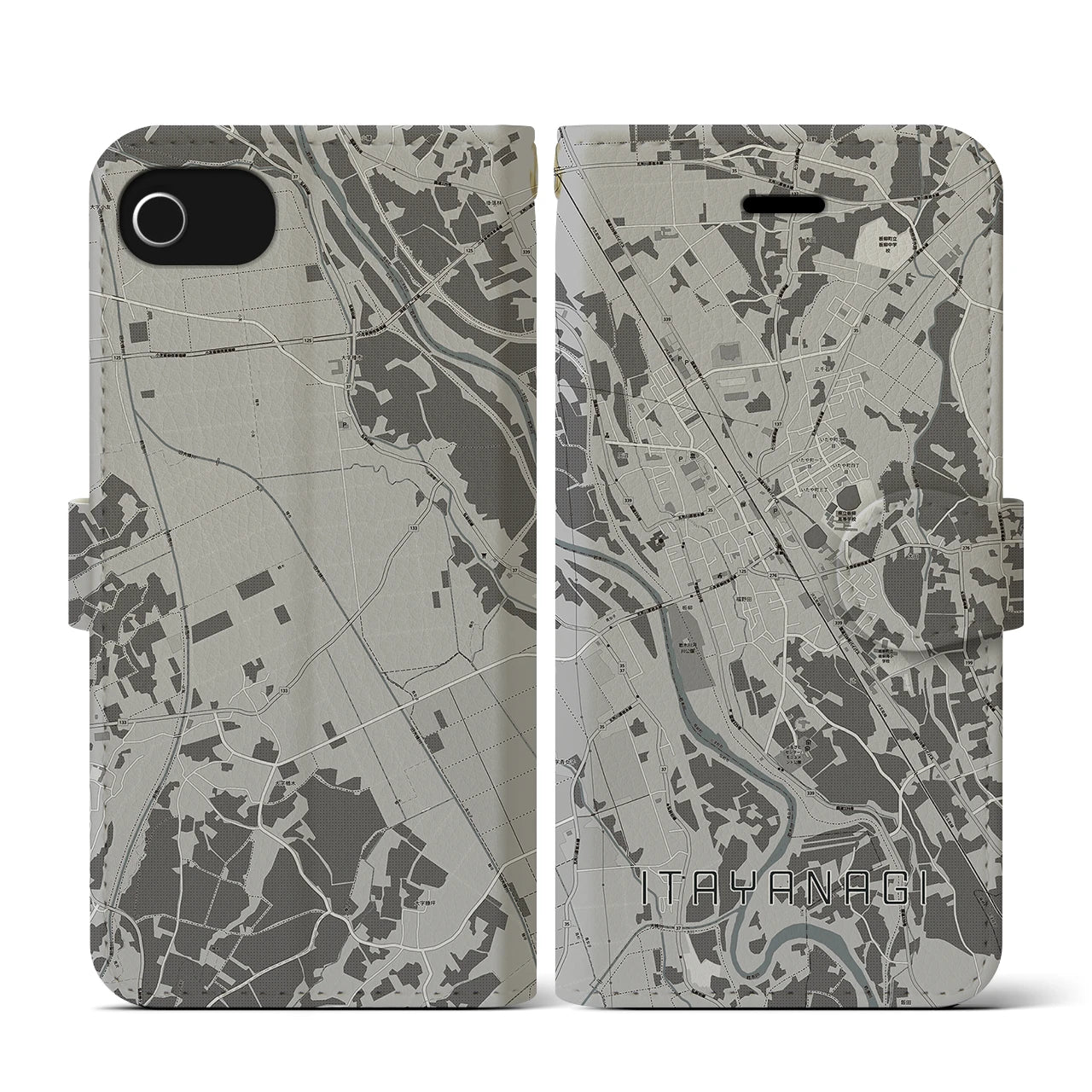 【板柳(青森県)】地図柄iPhoneケース(手帳タイプ)モノトーン・iPhone SE(第3 / 第2世代) / 8 / 7 / 6s / 6 用