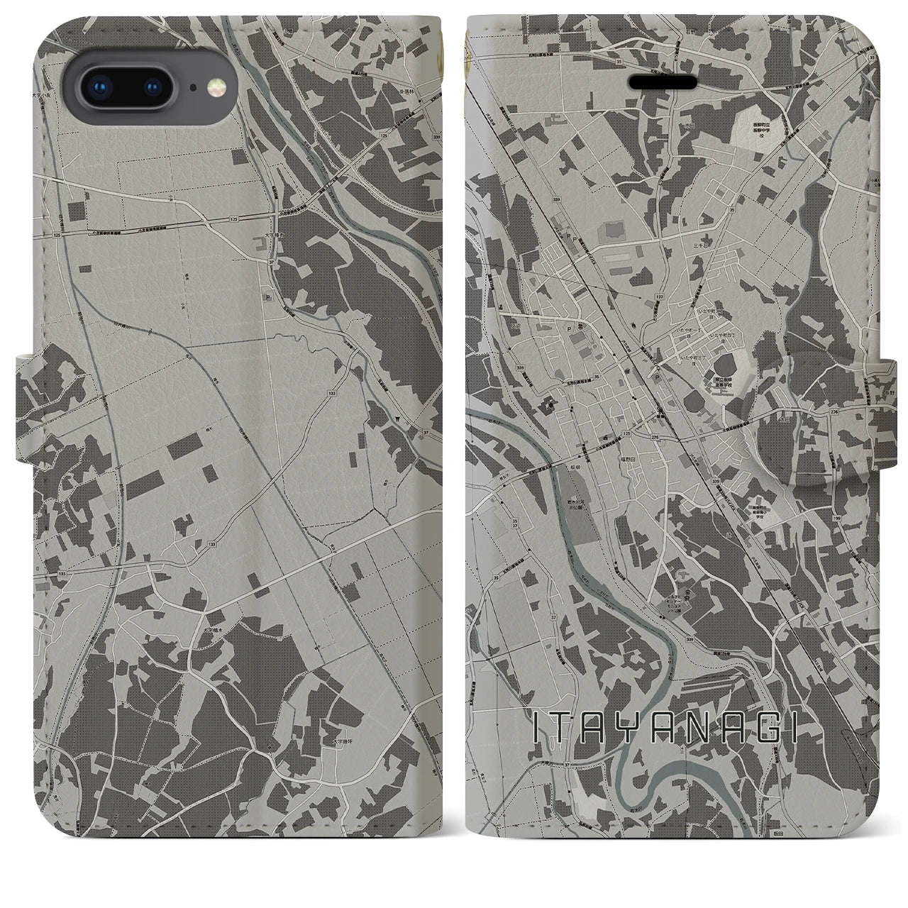 【板柳(青森県)】地図柄iPhoneケース(手帳タイプ)モノトーン・iPhone 8Plus /7Plus / 6sPlus / 6Plus 用