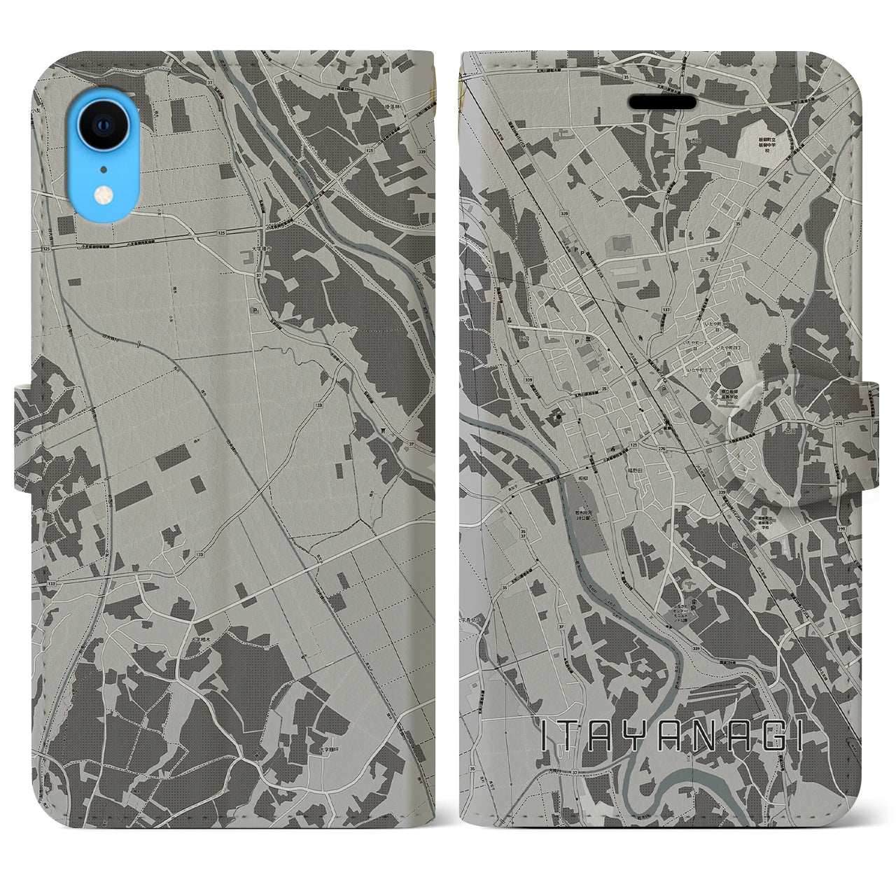 【板柳(青森県)】地図柄iPhoneケース(手帳タイプ)モノトーン・iPhone XR 用