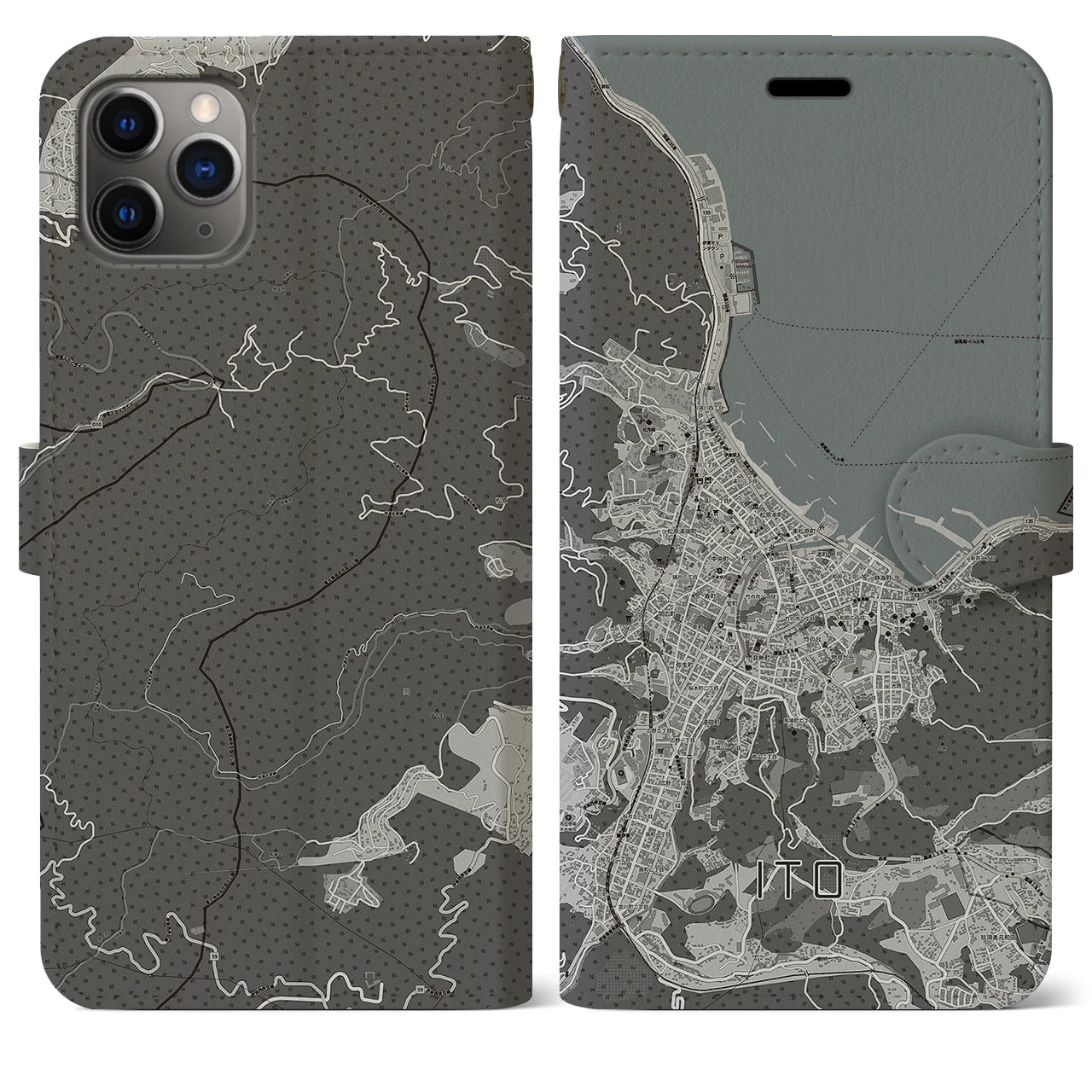 【伊東(静岡県)】地図柄iPhoneケース(手帳タイプ)モノトーン・iPhone 11 Pro Max 用