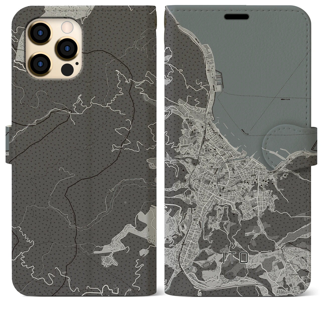 【伊東(静岡県)】地図柄iPhoneケース(手帳タイプ)モノトーン・iPhone 12 Pro Max 用