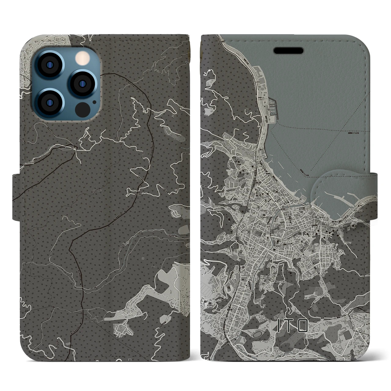 【伊東(静岡県)】地図柄iPhoneケース(手帳タイプ)モノトーン・iPhone 12 / 12 Pro 用