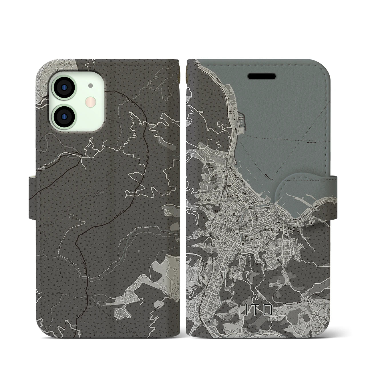 【伊東(静岡県)】地図柄iPhoneケース(手帳タイプ)モノトーン・iPhone 12 mini 用