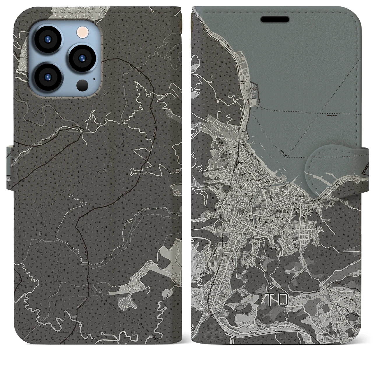 【伊東(静岡県)】地図柄iPhoneケース(手帳タイプ)モノトーン・iPhone 13 Pro Max 用