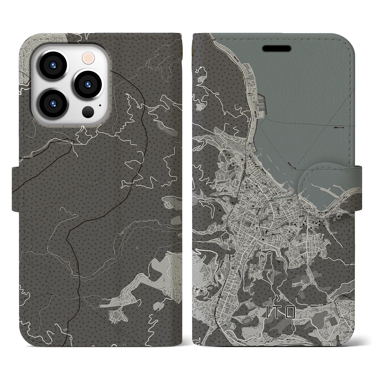 【伊東(静岡県)】地図柄iPhoneケース(手帳タイプ)モノトーン・iPhone 13 Pro 用