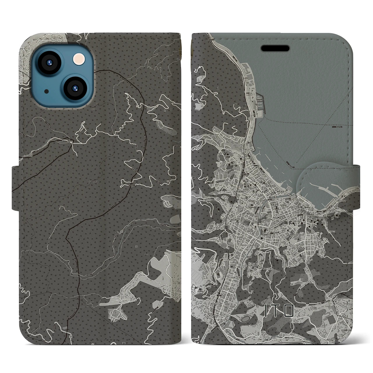 【伊東(静岡県)】地図柄iPhoneケース(手帳タイプ)モノトーン・iPhone 13 用