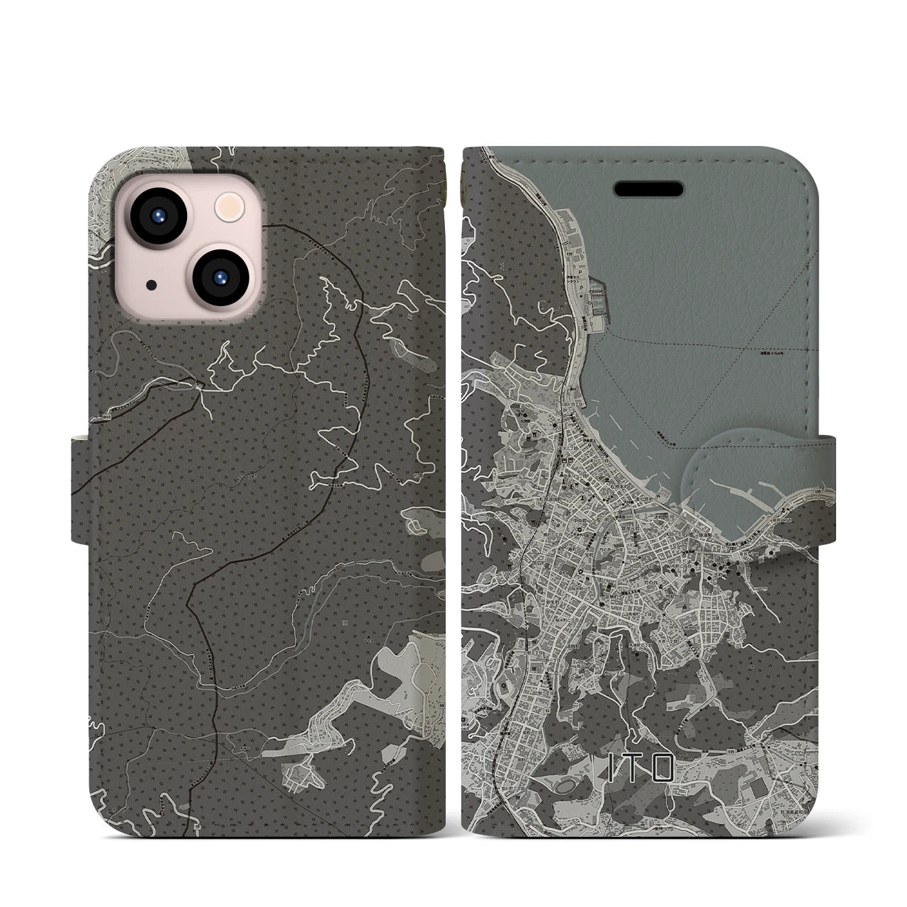【伊東(静岡県)】地図柄iPhoneケース(手帳タイプ)モノトーン・iPhone 13 mini 用