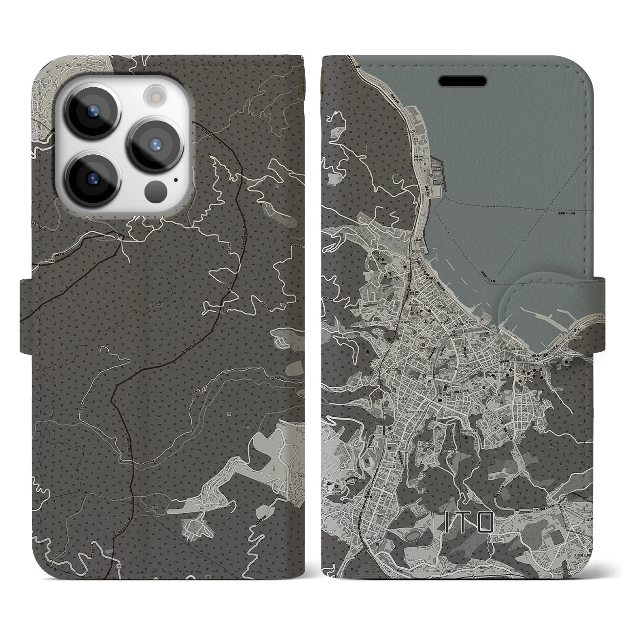 【伊東(静岡県)】地図柄iPhoneケース(手帳タイプ)モノトーン・iPhone 14 Pro 用